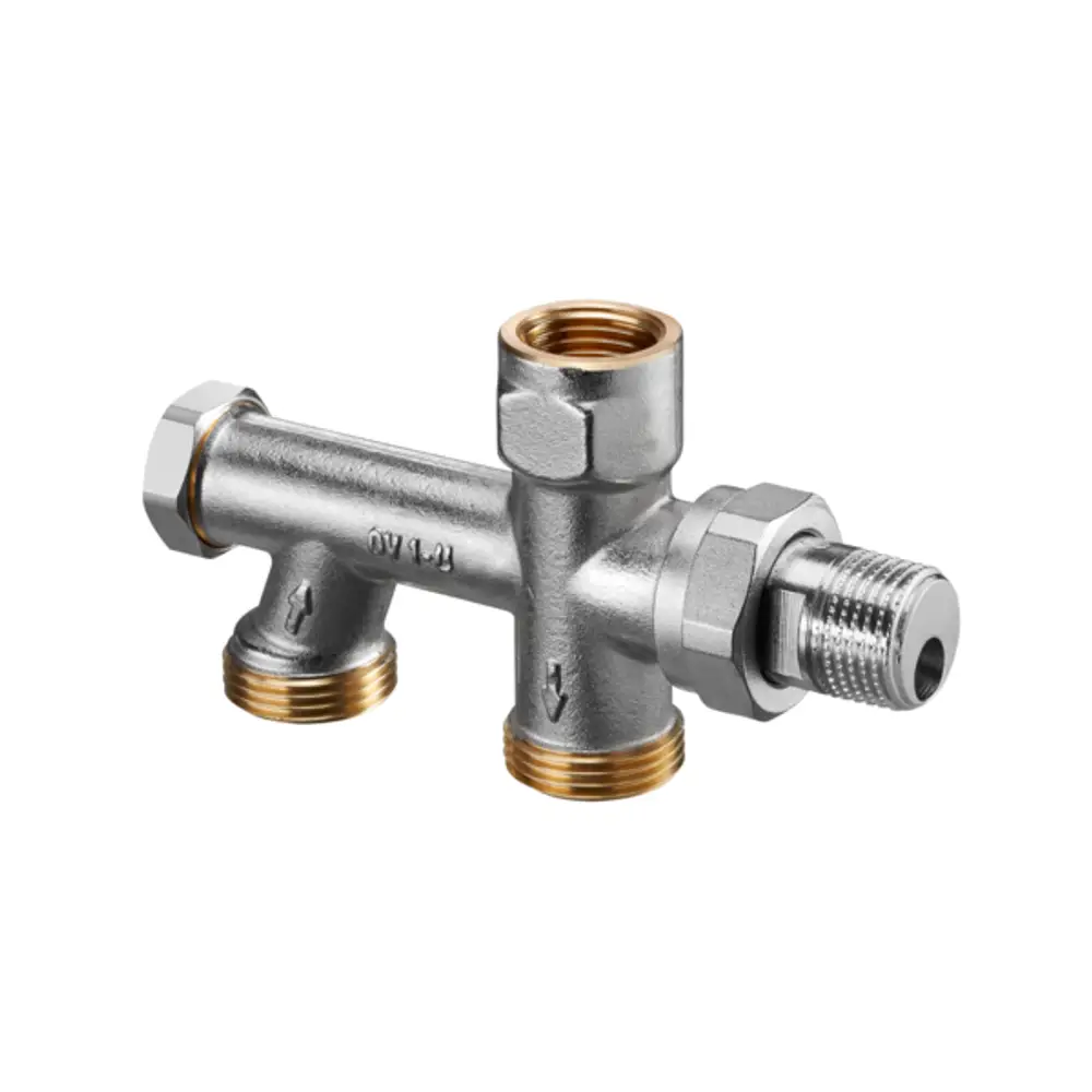 Oventrop Anschlussstück aus Metall mit zwei seitlichen Anschlüssen, einem mittleren Anschluss und einer Absperrung. Geeignet für Heizungsinstallationen.